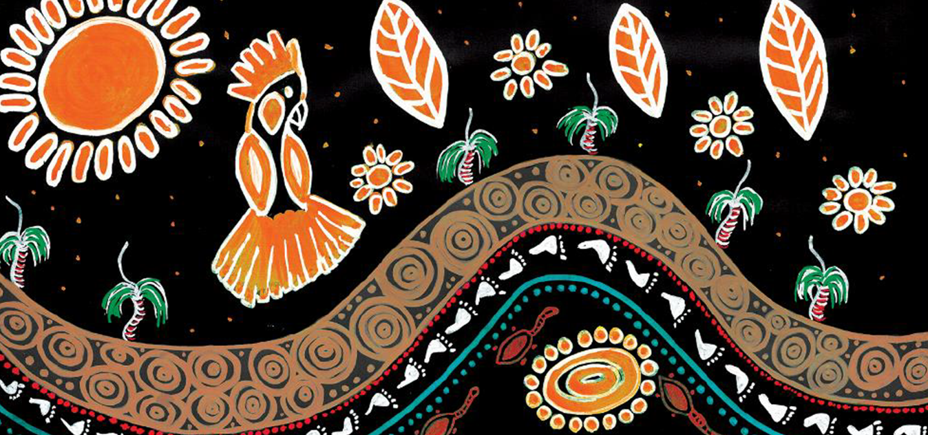 Bunuru (second summer) design: Season of adolscence, symbolised by orange. Hot with little rain. Yongar (roos) head inland, turtles burrow. People hunt in near cooling sea and in wetlands, and utilise the Balga tree for high energy protein and medicine.